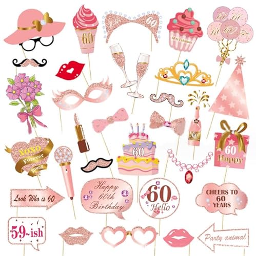 Losuya 33pcs 60th Geburtstag Party Foto Stand Requisiten und Zeichen Rose Golden 60th Geburtstag Party Selfie Requisiten Kit für Mädchen Frauen von Losuya