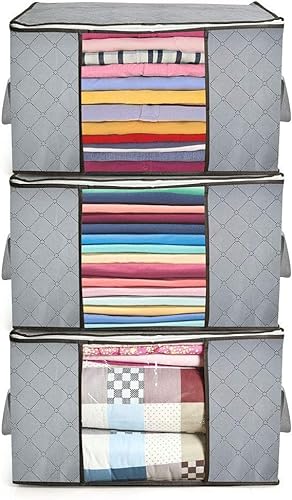 LotFancy Aufbewahrungstasche 3 Stück 90L, Schrank Organizer Set, Faltbare Unterbett mit verstärktem Griff, Reißverschluss, für Kissen, Kleidung, Bettdecken, Bettwäsche von LotFancy