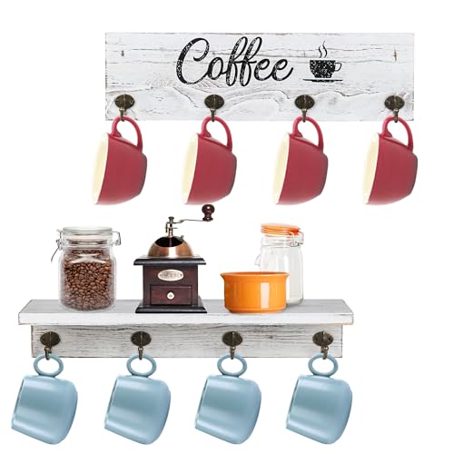 LotFancy Kaffeetassenhalter, Wandmontage, Tassenregal mit 8 stabilen Haken, Kaffeebar-Zubehör-Set für Kaffeestation, Organizer, weiße Kaffee-Ecken-Dekoration, 13Y-5376-T von LotFancy