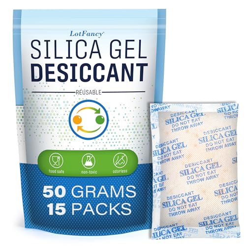 LotFancy Silica Gel Beutel 50 g, 15 Stück Silicagel Trockenmittel Regenerierbar mit Indikator zur Aufbewahrung von Elektronik, Lebensmittel, Filament von LotFancy