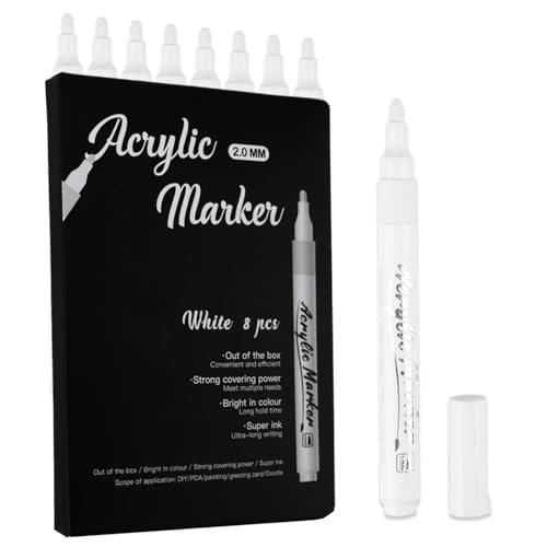 Lotbun 8 White Markers, Fine Tip, Acryl White Permanent Markers für Schwarzes Papier, Weiß Acrylstifte Dual Tip weißer Stift Wasserfest Steine Bemalen Permanent Marker von Lotbun