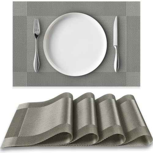 Loti Living Platzsets (4er-Set) - rutschfest, Abwaschbar, Tischsets, PVC Platzdeckchen, Schützt Tisch vor Kratzern und Flecken, Hitzebeständig, Abgrifffest, Waschbar Metallic grau 30 x 45 cm von Loti Living