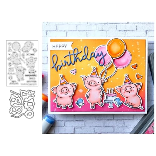 Happy Birthday Schweine Stempel und Stanzen Set, Stempel Stanzformen Sets Scrapbooking Prägeschablone Für DIY Scrapbooking Kunsthandwerk von Lotmouday