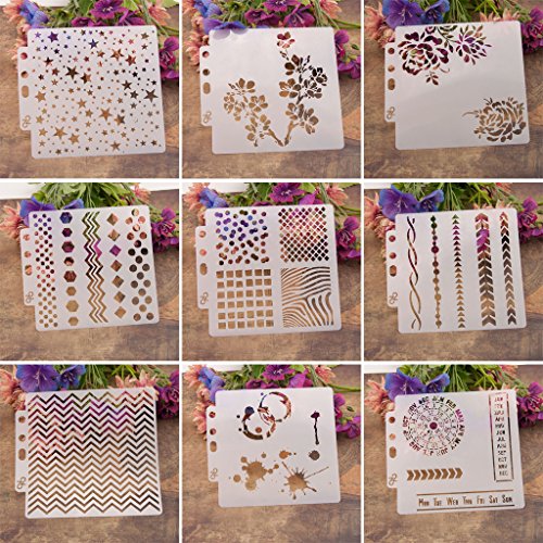 Lottoyday 9pcs/Set Flower DIY Aushöhlen Design PET Kunststoff Schablone, perfekt geeignet für Textilgestaltung, Wandgestaltung, Fenster, Papier, Scrapbooking, Kinder Basteln, 14x13cm/5.51x5.12in von Lottoyday
