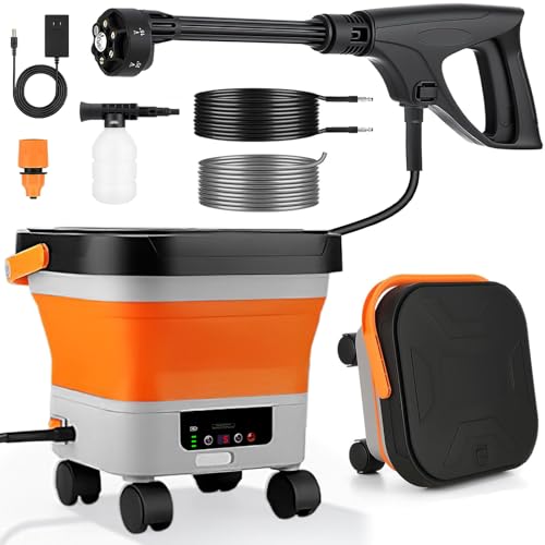 H105 Akku Hochdruckreiniger mit Faltbarem Wassertank, Wiederaufladbar, 6-in-1-Multifunktionsdüse, LED-Leistungsanzeige und 7 Intensitätsstufen einstellbar, Tragbarer Druckreiniger für Außenreinigung von Lottsall