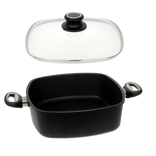 Lotus Gusspfanne - Quadratkasserolle 29cm 6Ltr. Induktion geeignet mit Glasdeckel aus Sicherheitsglas, Bodenmaß 22cm, Höhe 10,5cm, Deckelmaß 29cm von Lotus Gusspfannen