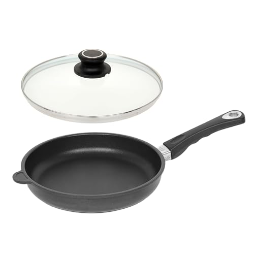 Lotus Gusspfannen - Flachpfanne INDUKTION geeignet Ø 24 cm, Bodenmaß 18,5 cm, Höhe 5,1cm, Deckelmaß 24 cm (24 cm, mit Glasdeckel) von Lotus Gusspfannen