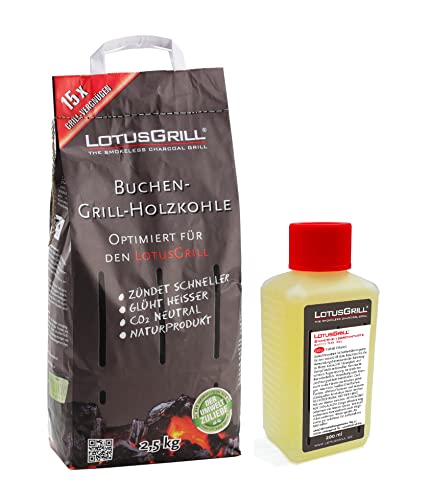 LotusGrill Buchenholzkohle 2,5 kg Sack inkl. LotusGrill Brennpaste 200 ml, beides entwickelt für raucharmes Grillen mit dem LotusGrill von LotusGrill