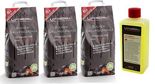 LotusGrill Buchenholzkohle 3X 2,5 kg Sack inkl. LotusGrill Brennpaste 500 ml, beides entwickelt für raucharmes Grillen mit dem LotusGrill von LotusGrill