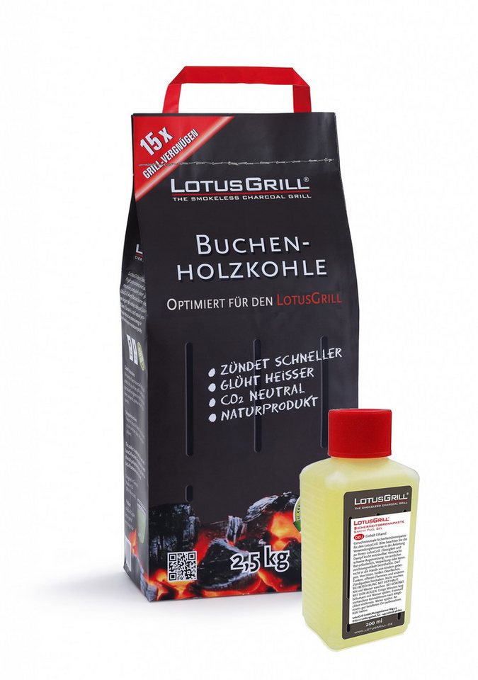 LotusGrill Holzkohlegrill Anzündset Nr.1 - 1x Buchenholzkohle 2,5kg UND 1x Brennpaste 200ml von LotusGrill