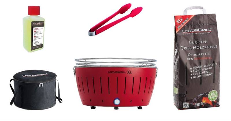 LotusGrill Holzkohlegrill LotusGrill XL Set Feuerrot m. USB Kohle 2,5kg Paste 200ml Zange Tasche von LotusGrill