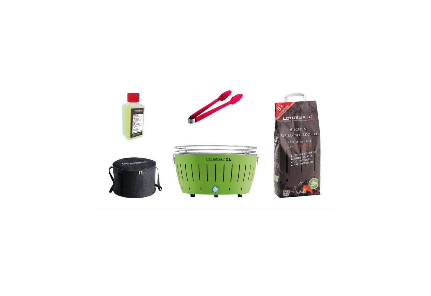 LotusGrill Holzkohlegrill LotusGrill XL Starter-Set XL Grill Limettengrün mit USB-Anschluß 5tlg von LotusGrill