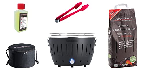 LotusGrill S Small Kompakt Starter-Set Anthrazitgrau der raucharme Holzkohlegrill mit 2,5 kg Buchenholzkohle, 200 ml Brennpaste, 1x Zange (Farbe nach Vorrat), 1x Tasche Stromversorgung USB-Powerbank von LotusGrill