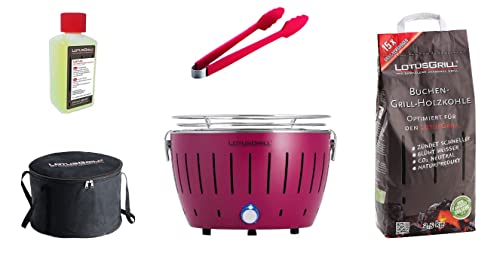 LotusGrill S Small Kompakt Starter-Set Pflaumenlila der raucharme Holzkohlegrill mit 2,5 kg Buchenholzkohle, 200 ml Brennpaste, 1x Zange (Farbe nach Vorrat), 1x Tasche. Stromversorgung USB-Powerbank von LotusGrill