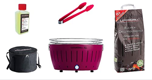 LotusGrill Starter-Set 1x XL Grill Pflaumenlila mit USB-Anschluß, 1x Buchenholzkohle 2,5 kg, 1x Brennpaste 200ml, 1x Zange, 1x Transport-Tragetasche XL - Der raucharme Holzkohlegrill von LotusGrill