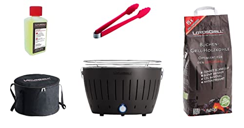 LotusGrill Starter-Set Classic 1x Grill Anthrazitgrau mit USB-Anschluß, 1x Buchenholzkohle 2,5 kg, 1x Brennpaste 200ml, 1x Würstchenzange Farbe nach Vorrat, 1x Tragetasche, raucharmer Holzkohlegrill von LotusGrill