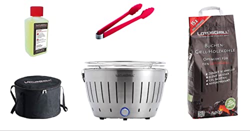 LotusGrill Starter-Set Classic 1x Grill Edelstahl mit USB-Anschluß, 1x Buchenholzkohle 2,5 kg, 1x Brennpaste 200ml, 1x Würstchenzange (Farbe nach Vorrat), 1x Transport-Tragetasche von LotusGrill