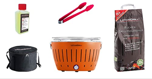 LotusGrill Starter-Set Classic 1x Grill Mandarinenorange mit USB-Anschluß, 1x Buchenholzkohle 2,5 kg, 1x Brennpaste 200ml, 1x Würstchenzange (Farbe nach Vorrat), 1x Transport-Tragetasche von LotusGrill