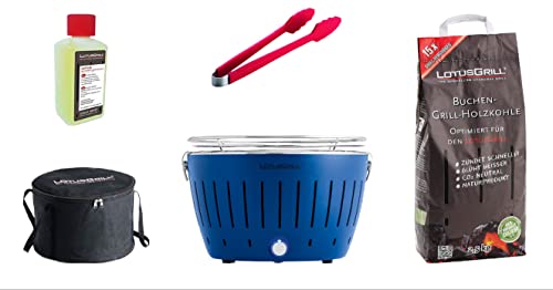 LotusGrill Starter-Set Classic 1x Grill Tiefblau mit USB-Anschluß, 1x Buchenholzkohle 2,5 kg, 1x Brennpaste 200ml, 1x Zange (Farbe nach Vorrat), 1x Transport-Tragetasche - der raucharme Holzkohlegrill von LotusGrill