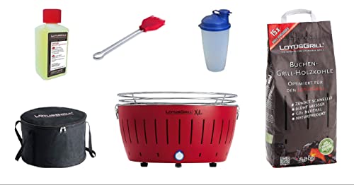 LotusGrill XL Starter-Set 1x XL Grill Feuerrot mit USB-Anschluß, 1x Buchenholzkohle 2,5 kg, 1x Brennpaste 200ml, 1x Marinierpinsel, 1x Dressingshaker, 1x Transport-Tasche XL von LotusGrill