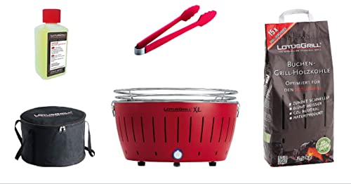 LotusGrill XL Starter-Set 1x XL Grill Feuerrot mit USB-Anschluß, 1x Buchenholzkohle 2,5 kg, 1x Brennpaste 200ml, 1x Zange, 1x Transport-Tragetasche XL - Der raucharme Holzkohlegrill von LotusGrill