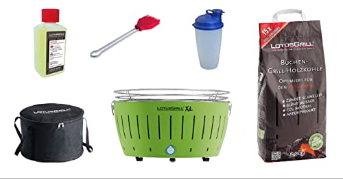 LotusGrill XL Starter-Set 1x XL Grill Limettengrün mit USB-Anschluß, 1x Buchenholzkohle 2,5 kg, 1x Brennpaste 200ml, 1x Marinierpinsel, 1x Dressingshaker, 1x Transport-Tasche XL von LotusGrill