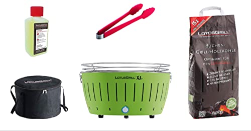 LotusGrill XL Starter-Set 1x XL Grill Limettengrün mit USB-Anschluß, 1x Buchenholzkohle 2,5 kg, 1x Brennpaste 200ml, 1x Zange, 1x Transport-Tragetasche XL - Der raucharme Holzkohlegrill von LotusGrill