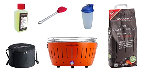 LotusGrill XL Starter-Set 1x XL Grill Mandarinenorange mit USB-Anschluß, 1x Buchenholzkohle 2,5 kg, 1x Brennpaste 200ml, 1x Marinierpinsel, 1x Dressingshaker, 1x Transport-Tasche XL von LotusGrill