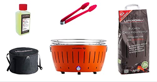 LotusGrill XL Starter-Set 1x XL Grill Mandarinenorange mit USB-Anschluß, 1x Buchenholzkohle 2,5 kg, 1x Brennpaste 200ml, 1x Würstchenzange, 1x Transport-Tragetasche XL - Der raucharme Holzkohlegrill von LotusGrill