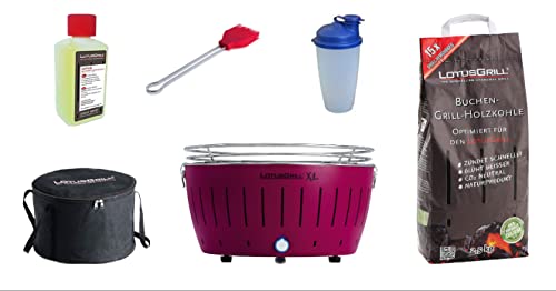 LotusGrill XL Starter-Set 1x XL Grill Pflaumenlila mit USB-Anschluß, 1x Buchenholzkohle 2,5 kg, 1x Brennpaste 200ml, 1x Marinierpinsel, 1x Dressingshaker, 1x Transport-Tasche XL von LotusGrill