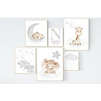 Wandbild Für Babyzimmer, Grau, Neutrales Kinderzimmer, Babyzimmer Dekor, Tierposter, Bär, Elefant, Giraffe von LotusNurseryArt