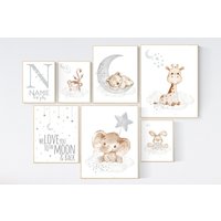 Wandbild Für Babyzimmer, Grau, Neutrales Kinderzimmer, Babyzimmer Dekor, Tierposter, Bär, Elefant, Giraffe von LotusNurseryArt