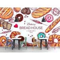 Aquarell Bäckerei Cafe Tapete, Bunte Küche Wandbild, Frühstücksbuffet Poster von LotusWallpaper