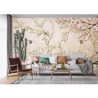 Soft Colors Chinoiserie Blumen Tapete, Florale Blüte Wandbild von LotusWallpaper