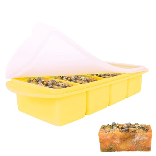 Lotvic 1 Packung Suppenwürfel Silikon Gefriertablett 1000 ml Suppe Gefrierbehälter mit Deckel, 4 Fächer, ergibt 4 Portionswürfel, Suppenwürfel Gefrierfach Tablett für Mahlzeitvorbereitung, Suppe, Soße von Lotvic