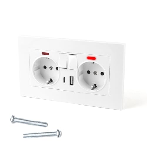 Lotvic 4-in-1 Doppelsteckdose, Steckdose Unterputz mit Typ-C und USB-A, Schuko Steckdose mit 2 Schalter und Kindersicherung, Wandsteckdose mit 2 Kontrollleuchten, 146 x 86 mm, Weiß von Lotvic