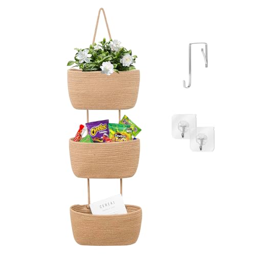 Lotvic Hängeorganizer Organizer Wand, Hängeorganizer Tür Wand Hängender, Hängender Organizer mit 3 Stufiger Hängekorb aus Baumwollseil Gewebt, Hängende Tasche Aufbewahrungstasche für Schlafzimmer von Lotvic