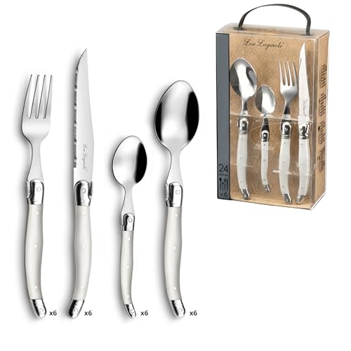 LOU LAGUIOLE TRADITION Steakmesser Besteck Set 24-teilig | Steakbesteck mit Tradition und Stil | Griffe in Perle | Wellenschliff Messer | Grillbesteck Set | Scharfe Messer | Besteck Set 6 Personen von Lou Laguiole