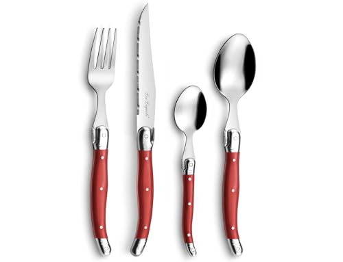 LOU LAGUIOLE TRADITION Steakmesser Besteck Set 24-teilig | Steakbesteck mit Tradition und Stil | Griffe in Rot | Wellenschliff Messer | Grillbesteck Set | Scharfe Messer | Besteck Set 6 Personen von Lou Laguiole