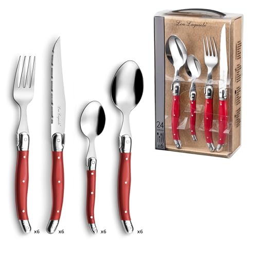 LOU LAGUIOLE TRADITION Steakmesser Besteck Set 24-teilig | Steakbesteck mit Tradition und Stil | Griffe in Rot | Wellenschliff Messer | Grillbesteck Set | Scharfe Messer | Besteck Set 6 Personen von Lou Laguiole