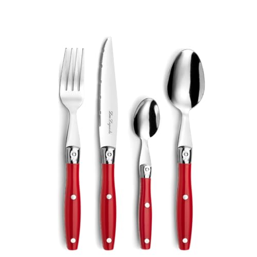 Lou Laguiole Steakbesteck | Steakmesser Set 24-teilig | Besteck für 6 Personen | Rot | Wellenschliff Messer Essbesteck | Besteck Set von Lou Laguiole