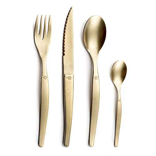 Lou Laguiole JET Steakbesteck Set JET – Besteck Set für 4 Personen | 16-teilig | Champagnerfarben | PVD Besteckset | Mikroverzahnte Klinge für langanhaltende Schärfe, Champagner von Lou Laguiole