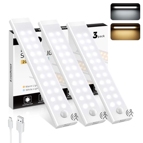 LouBout Unterbauleuchte Küche LED 3 Stück 44LED Schrankbeleuchtung mit Bewegungsmelder 2 Farbmodi Dimmbar & USB Aufladbar Magnetische Lichtleiste Nachtlicht für Kleiderschrank, Küche, Treppe(20CM) von LouBout