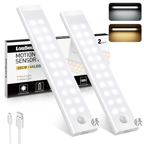 LouBout Unterbauleuchte Küche LED 2 Stück 44LED Schrankbeleuchtung mit Bewegungsmelder 2 Farbmodi Dimmbar & USB Aufladbar Magnetische Lichtleiste Nachtlicht für Kleiderschrank, Küche, Treppe(20CM) von LouBout