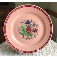 Vintage Buffalo China Rouge Ware Runde 11 1/2 "Servierplatte Kuchenplatte Rote Streifen Blumen 1920 Rosa von LouChristieAntiques
