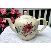 Vintageshawnee Pottery Teekanne Rot Blau Blumen Vertikale Rippen 5 Tassen 1940Er Jahre Handbemalt von LouChristieAntiques