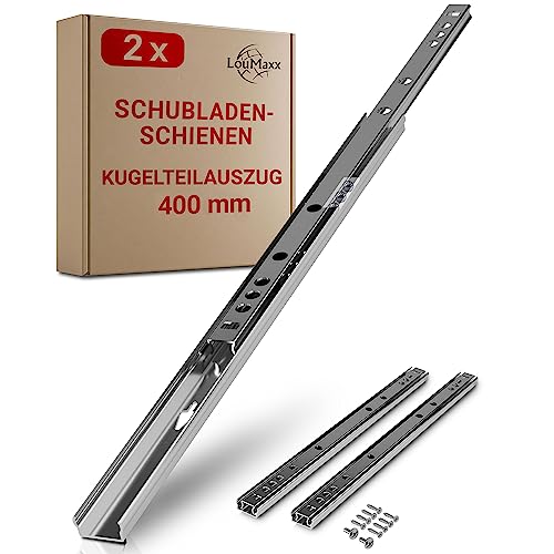 LouMaxx Kugelauszug 2er Set Schubladenschienen 27 mm Nut | 400 mm Schienen Schublade | Schubladen Schienensystem mit Teilauszug von LouMaxx