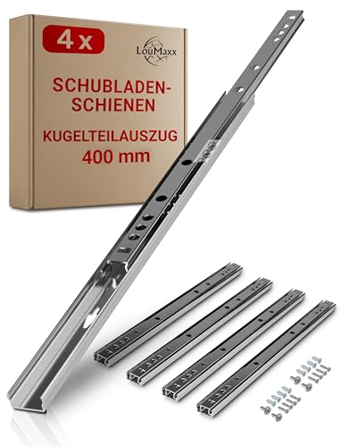 LouMaxx Kugelauszug 4er Set Schubladenschienen 27 mm Nut | 400 mm Schienen Schublade | Schubladen Schienensystem mit Teilauszug von LouMaxx