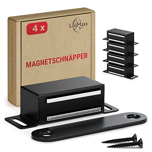 LouMaxx Magnetschnäpper stark - Haltekraft 4kg - 4er Set in Schwarz – Türmagnet -Schrankmagnet – Möbelmagnete – Tuer Magnetverschluss Edelstahl– Magnethalter Schranktür für sicheren Halt von LouMaxx