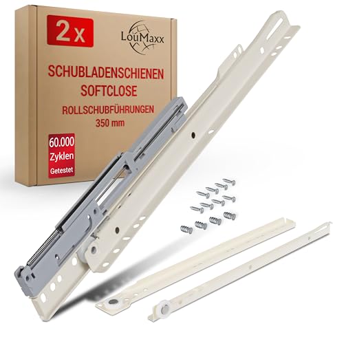 LouMaxx Schubladenschienen 350 mm selbstschließend mit Dämpfer - 2er Set (1 Paar) Rollschubführungen - Schubladen Auszugsschienen Softclose - Leichtgängiger Rollenauszug in weiß von LouMaxx